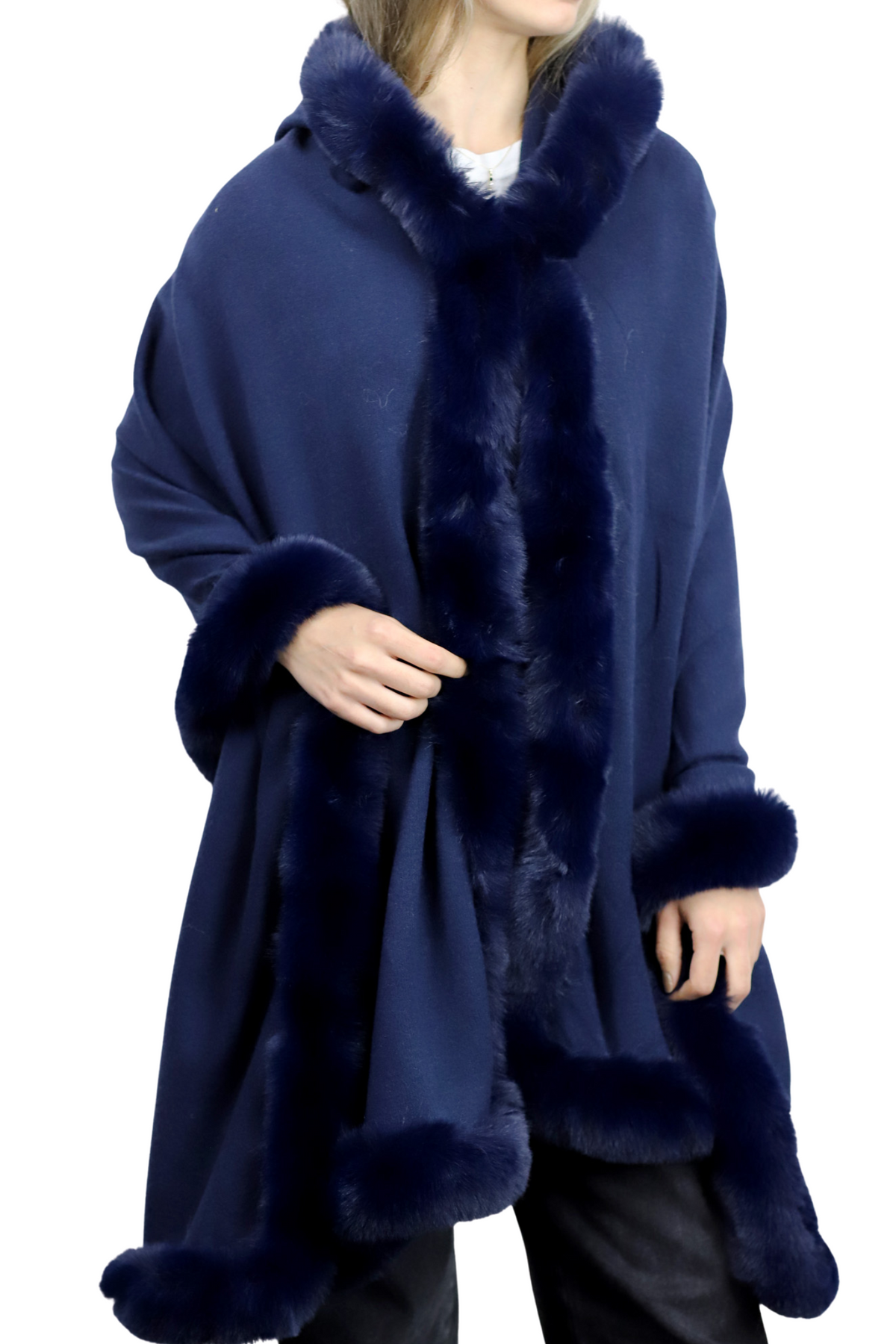 La Fiorentina Wrap with Hood & Faux Fur Trim - Navy