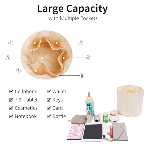 Purse Organizer Insert Nylon Round Bucket Bag Organizer for Handbag Small Tote Dividers Insert (Beige) | Nylon Handbag Dividers for Inside Purse,Roomy Organizer for Bucket Bag,Round/Circular Bag Insert,5 Pockets/2 Colors - color: Beige