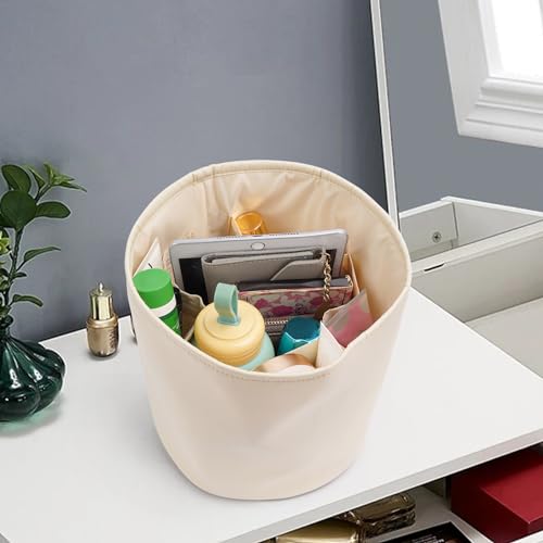 Purse Organizer Insert Nylon Round Bucket Bag Organizer for Handbag Small Tote Dividers Insert (Beige) | Nylon Handbag Dividers for Inside Purse,Roomy Organizer for Bucket Bag,Round/Circular Bag Insert,5 Pockets/2 Colors - color: Beige