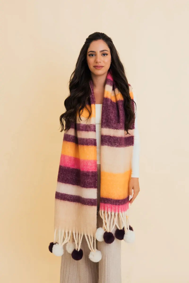 Leto Collection Pop Stripe Pom Tassel Cozy Scarf